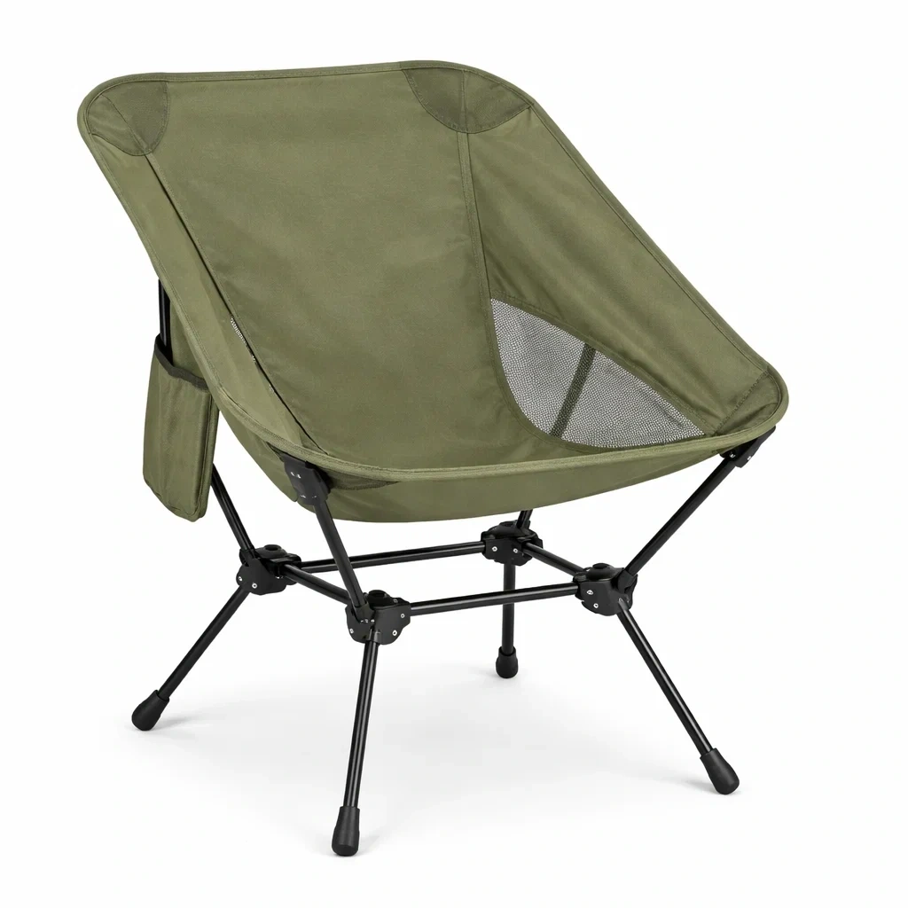 Sedia da Campeggio Pieghevole Verde Oliva con Tasca Laterale-HearthBoon