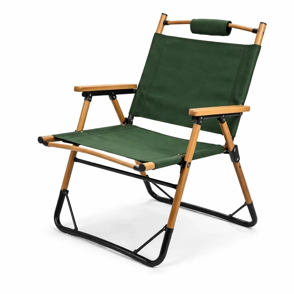 Poltrona da Campeggio in Legno Verde Scuro con Braccioli-HearthBoon