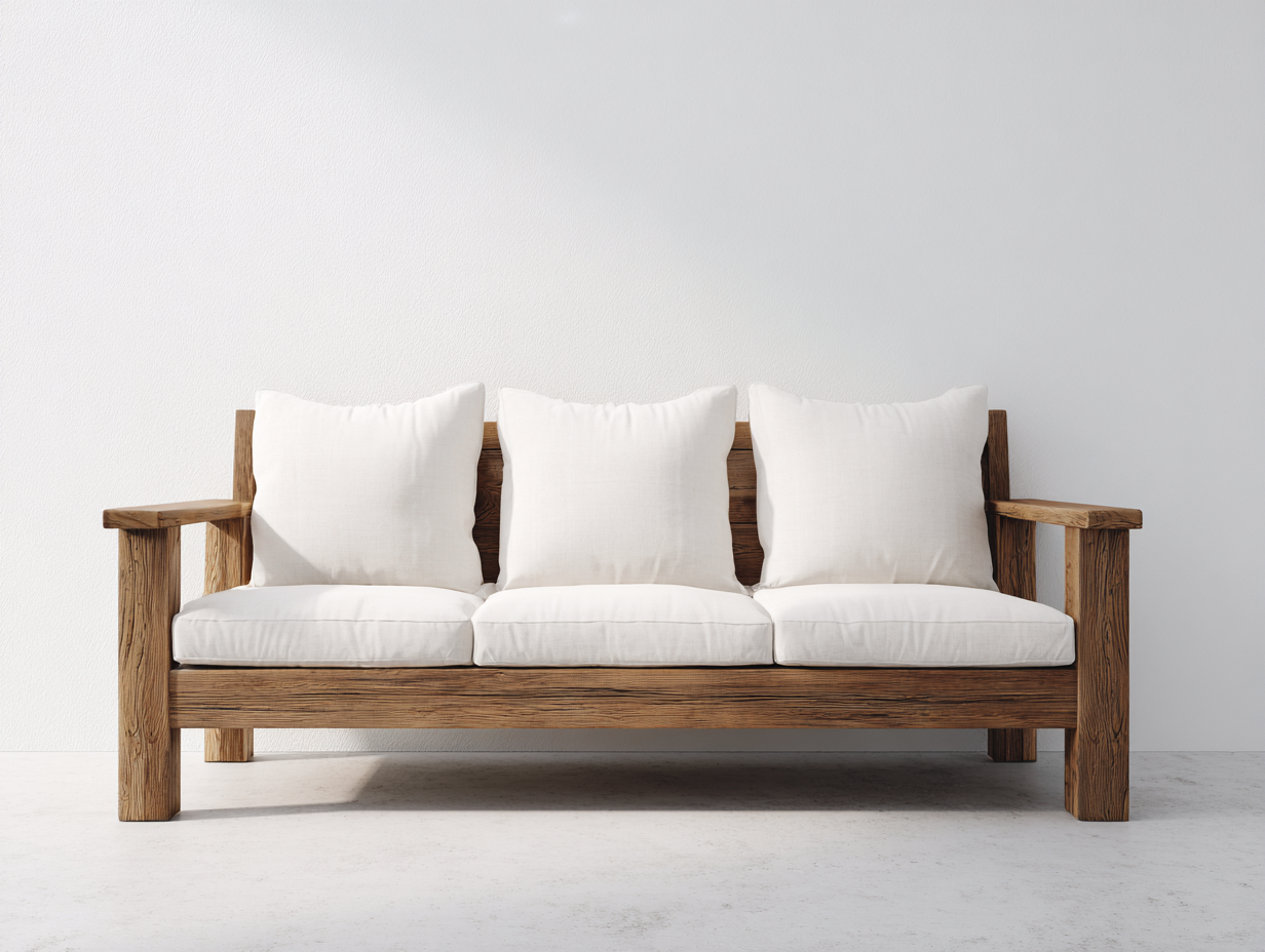 Sofá de 3 plazas con estructura de madera 210x85x78 cm - Blanco-Madera natural - Estilo natural-Nestmyshop