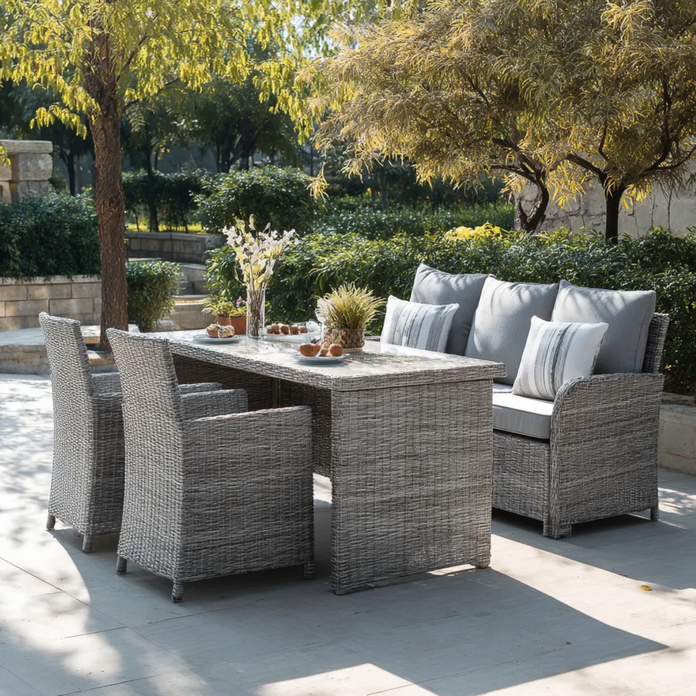 Ensemble table et chaises de jardin en résine tressée 150x90x75 cm - Gris - Design moderne