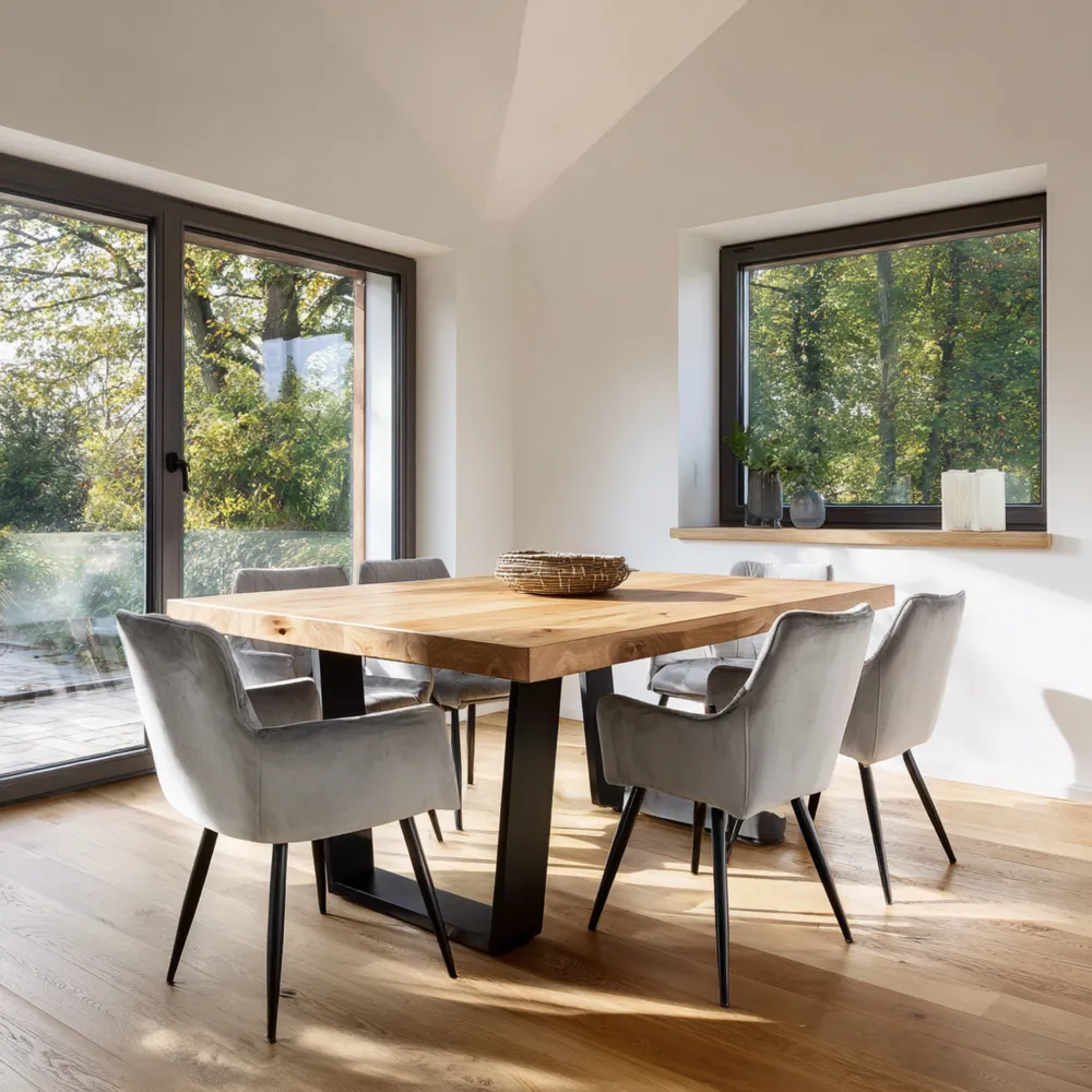 Ensemble table et chaises en bois massif 150x90x75 cm – Gris – Design contemporain