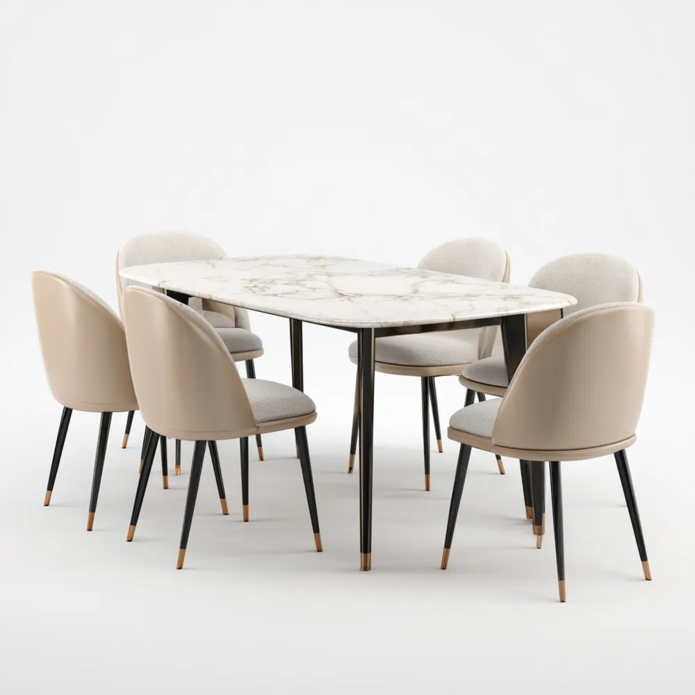 Ensemble table et chaises en marbre et tissu 180x90x75 cm - Beige/Blanc