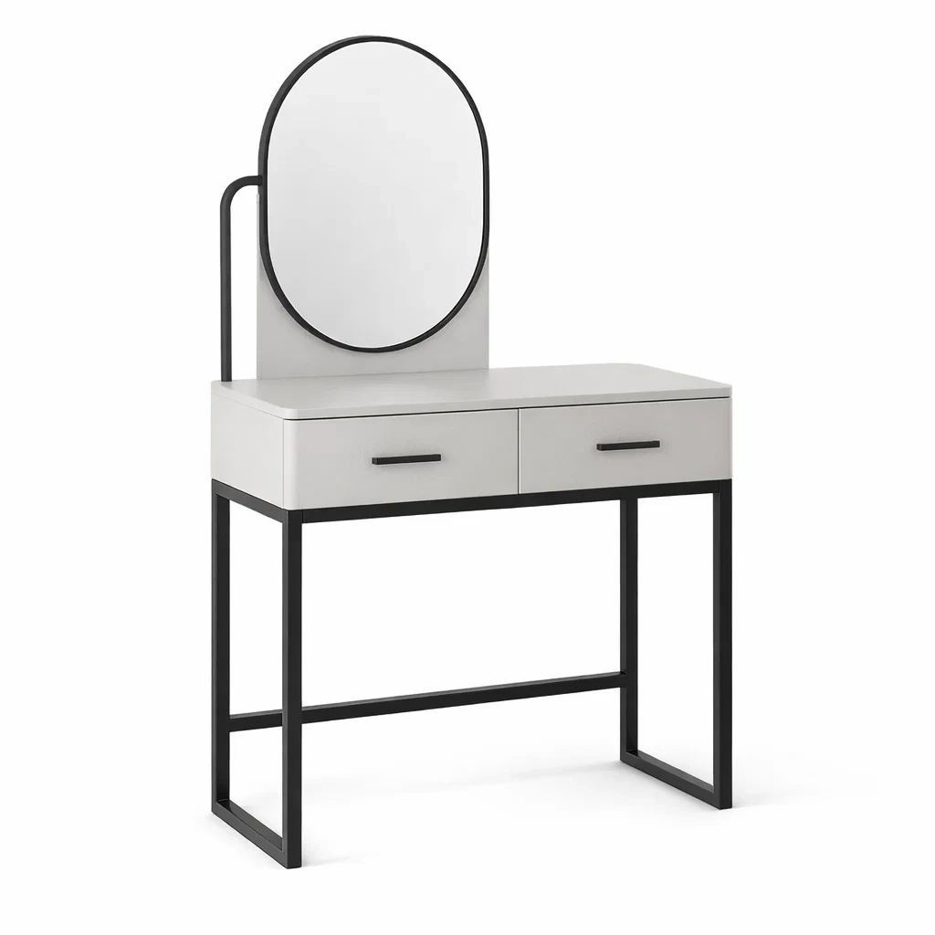 Tavolo da toeletta con specchio ovale in mdf e metallo grigio e nero-URBANFURNICRAFT