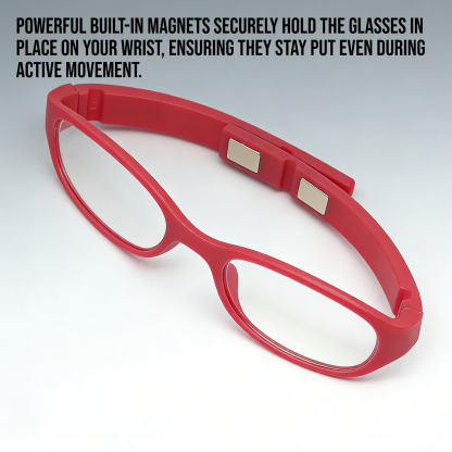 Portable wrist mounted magnetic folding reading glasses