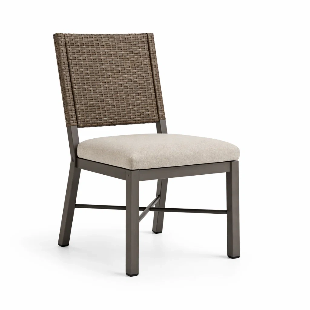 Sedia da pranzo in metallo e tessuto grigio con schienale in poliestere intrecciato-COZYSOFACRAFTS