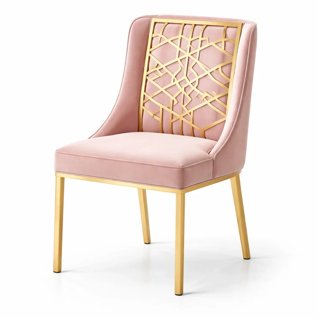 Sedia da pranzo in velluto rosa con struttura in metallo dorato-COZYSOFACRAFTS