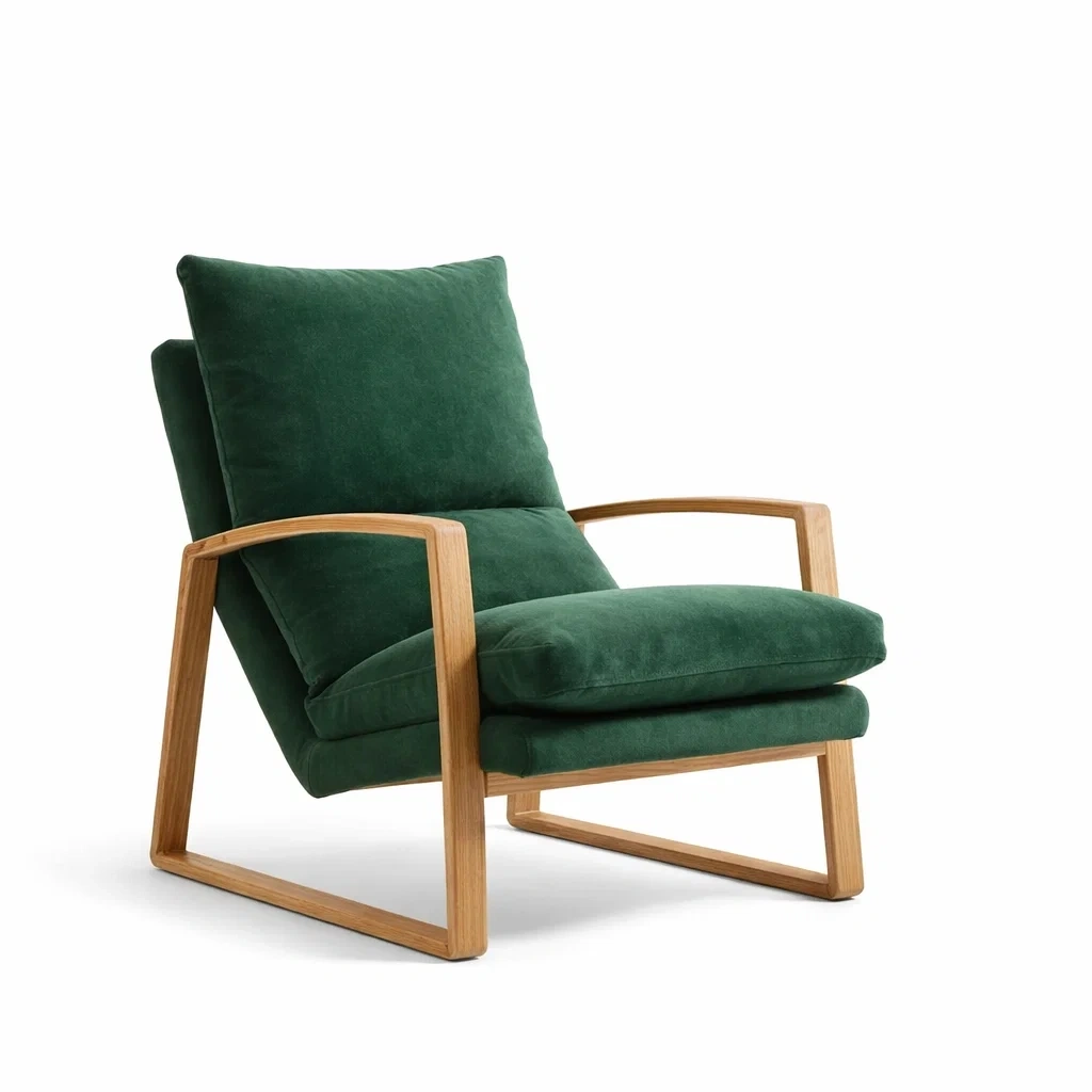 Poltrona in legno massello con cuscini verdi-COZYSOFACRAFTS