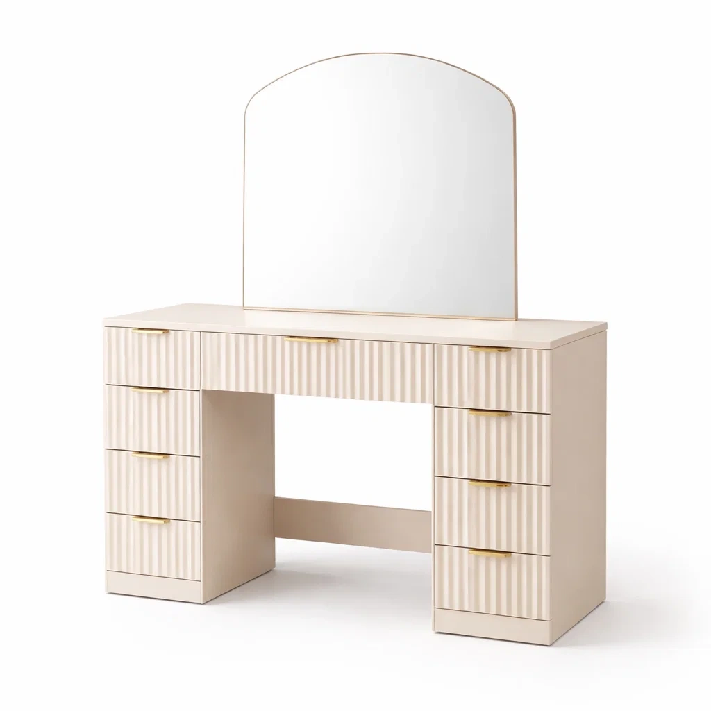 Tavolo da toeletta beige con specchio arrotondato in legno mdf-COZYSOFACRAFTS