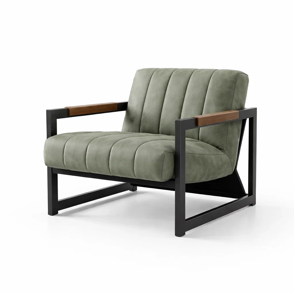 Poltrona in legno e metallo con rivestimento in tessuto scamosciato verde-COZYSOFACRAFTS