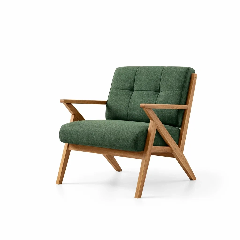 Poltrona in tessuto verde con struttura in quercia-COZYSOFACRAFTS