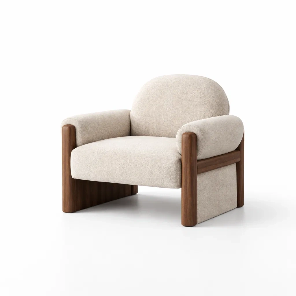 Poltrona in tessuto bouclé beige con struttura in legno di noce-COZYSOFACRAFTS