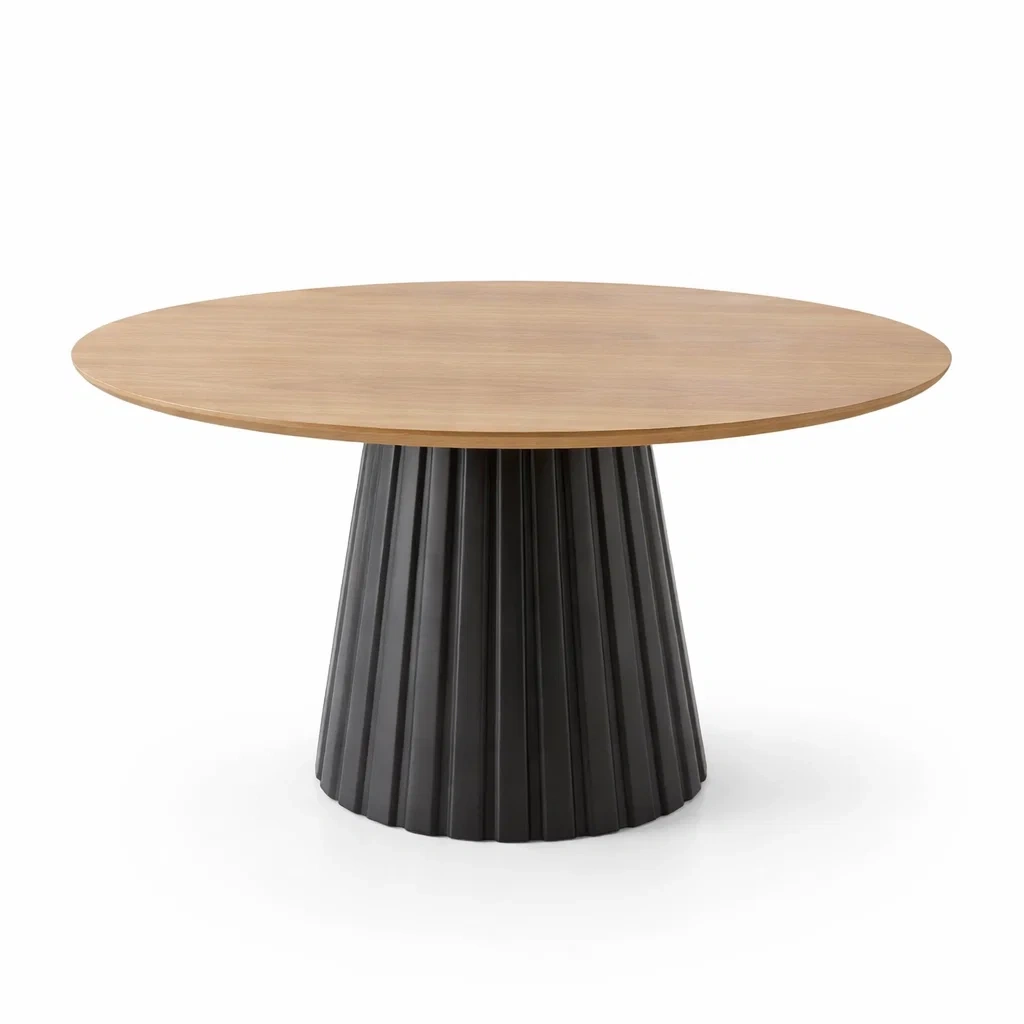 Tavolo da pranzo rotondo in mdf impiallacciato rovere e metallo nero-COZYSOFACRAFTS