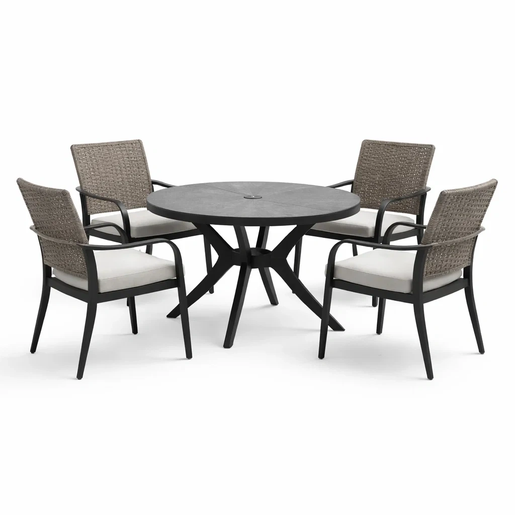 Set tavolo e sedie da giardino con tavolo rotondo in metallo e sedie in rattan sintetico-COZYSOFACRAFTS