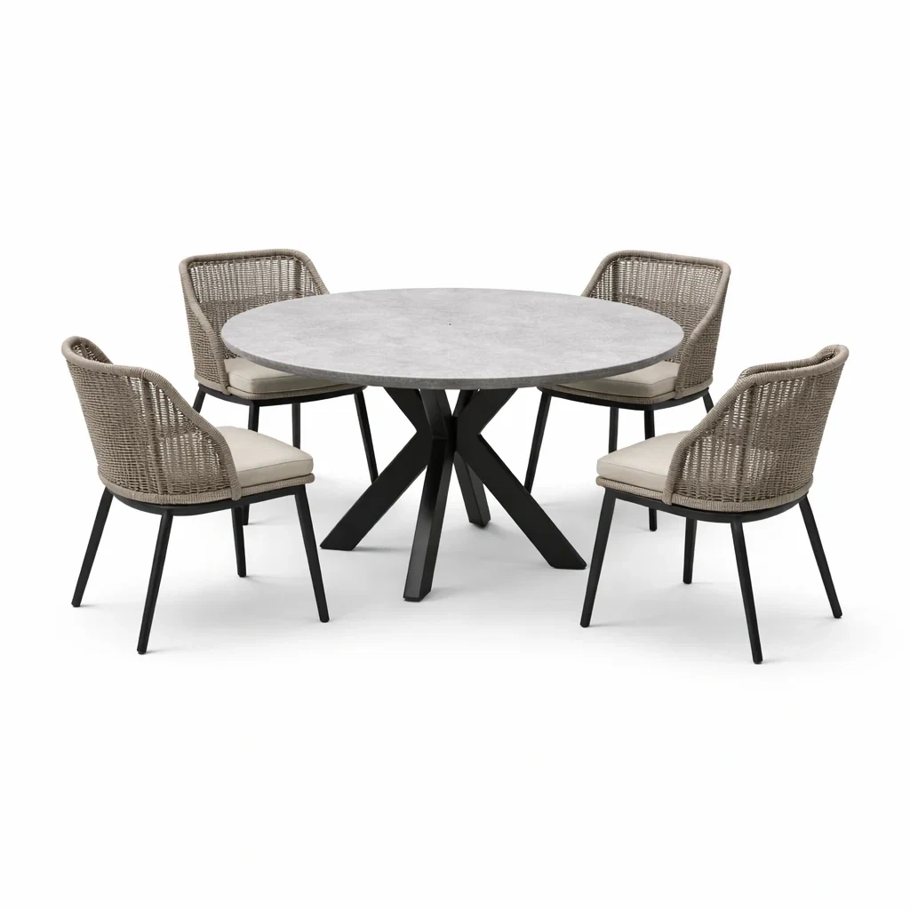 Set tavolo e sedie con tavolo rotondo in ceramica e quattro sedie in rattan sintetico grigio-COZYSOFACRAFTS