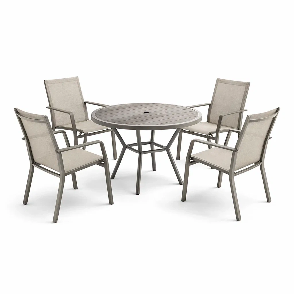 Set tavolo e sedie da pranzo per esterno in alluminio con tavolo rotondo e quattro sedie in tessuto beige-COZYSOFACRAFTS
