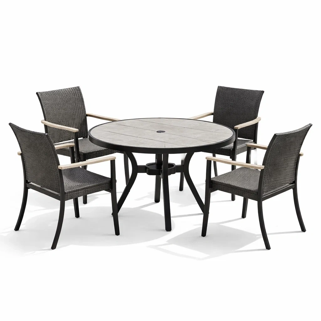 Set tavolo e sedie con tavolo rotondo in alluminio e quattro sedie in rattan sintetico-COZYSOFACRAFTS