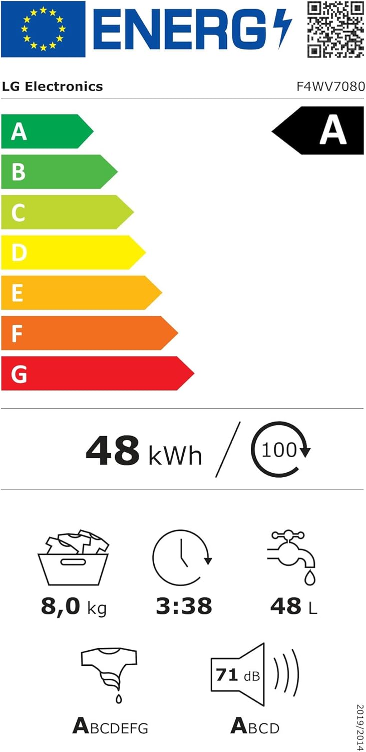 LG F4WV7080, Klasse A, Frontlader-Waschmaschine 8 kg, 1400 U/Min, AI Direct Drive, Wi-Fi, Tiefenreinigung mit Dampf, Große Kapazität, TRIPLE A, Außentür aus Sicherheitsglas, 62 x 60 x 85 cm ꟷ Weiß
