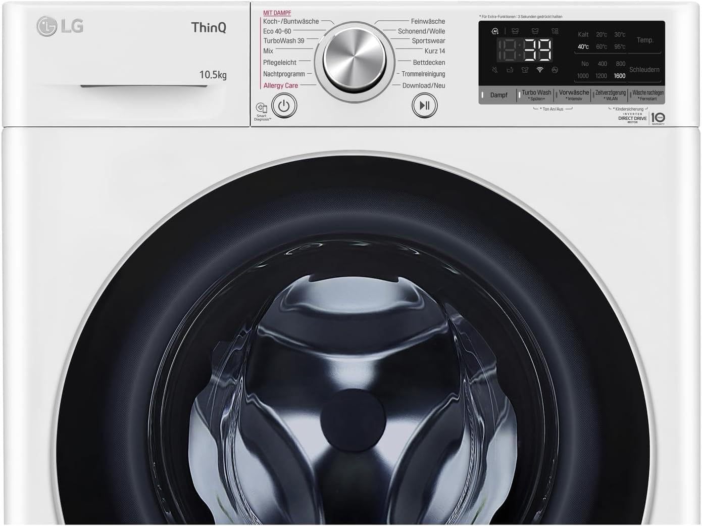 LG F4WV7080, Klasse A, Frontlader-Waschmaschine 8 kg, 1400 U/Min, AI Direct Drive, Wi-Fi, Tiefenreinigung mit Dampf, Große Kapazität, TRIPLE A, Außentür aus Sicherheitsglas, 62 x 60 x 85 cm ꟷ Weiß