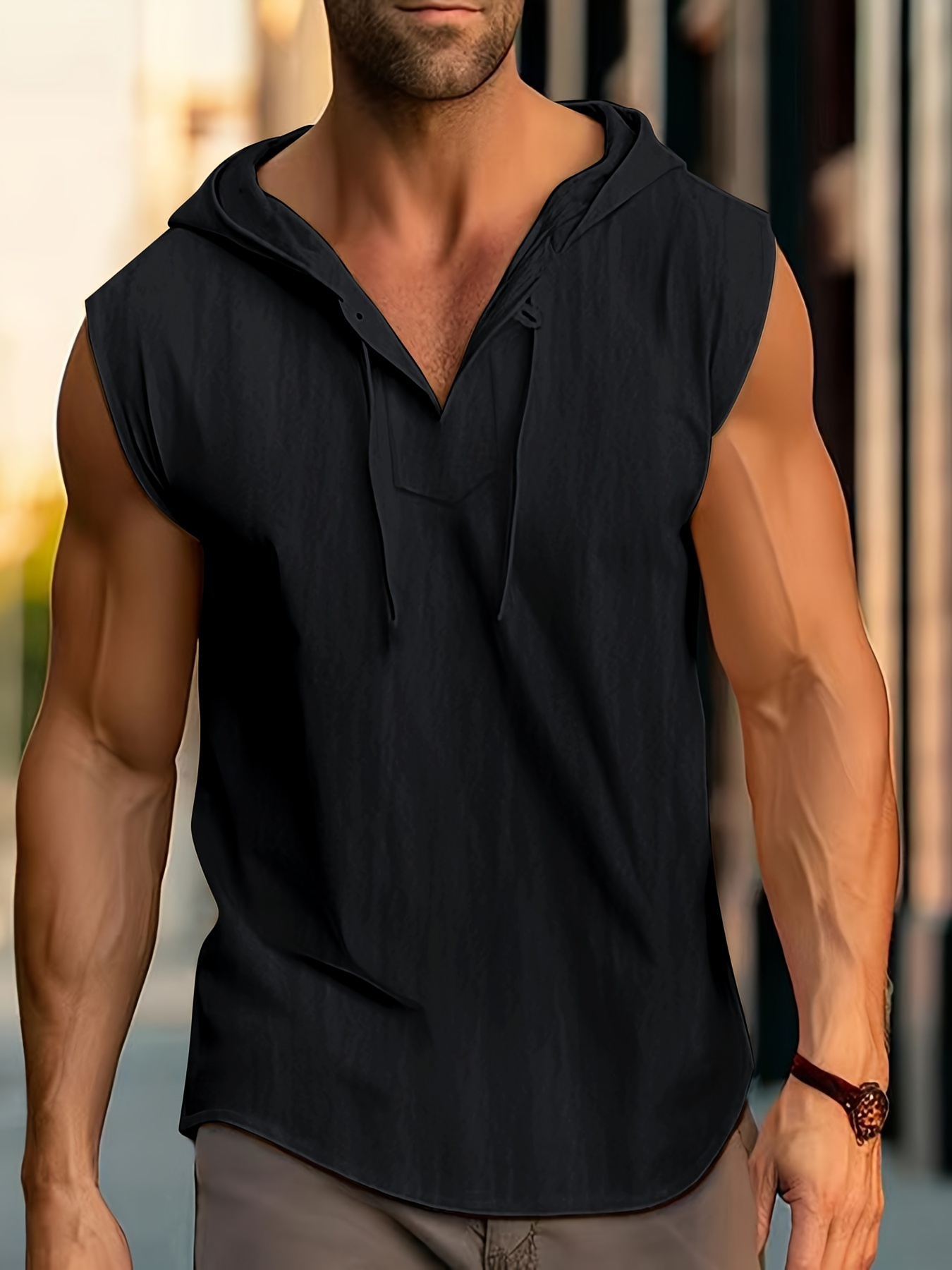 mens solid color cotton linen sleeveless hooded pullover shirt sporty style casual summer tank top details 7
