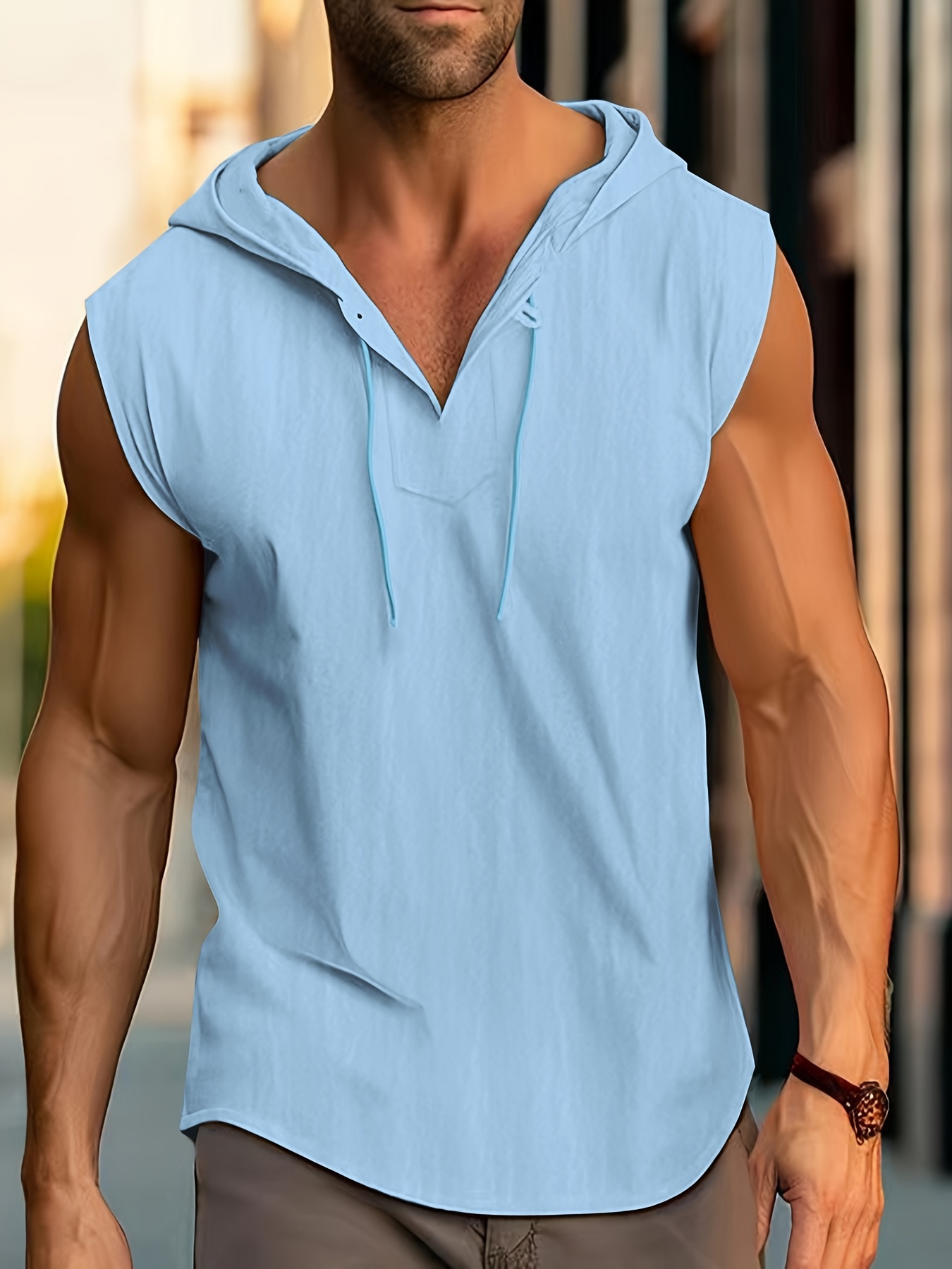 mens solid color cotton linen sleeveless hooded pullover shirt sporty style casual summer tank top details 0