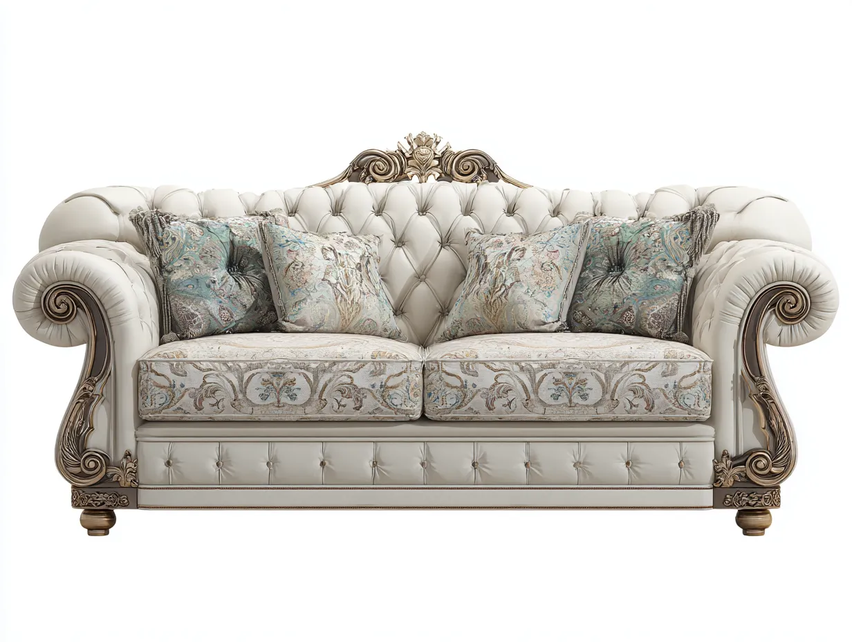 Zweisitzer Sofa - Leder-Stoff-Holz - 172x90x82 cm - Creme-Blau - Klassischer Stil-Roomupbase