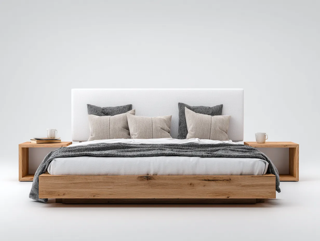 Doppelbett - Holz-Stoff - 214x190x97 cm - Naturholz-Weiß - Modernes Design-Roomupbase