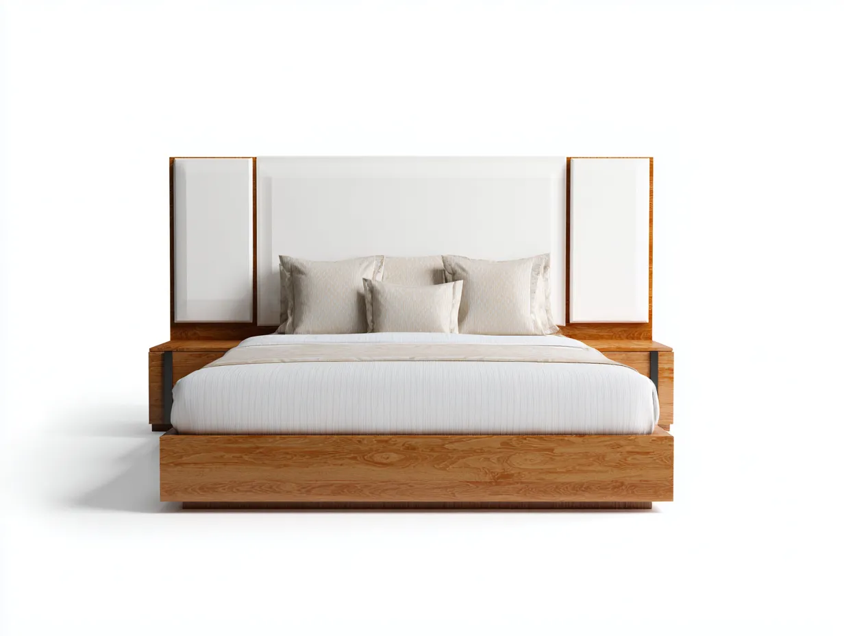 Doppelbett - Holz-Stoff - 222x198x118 cm - Naturholz-Weiß - Modernes Design-Roomupbase