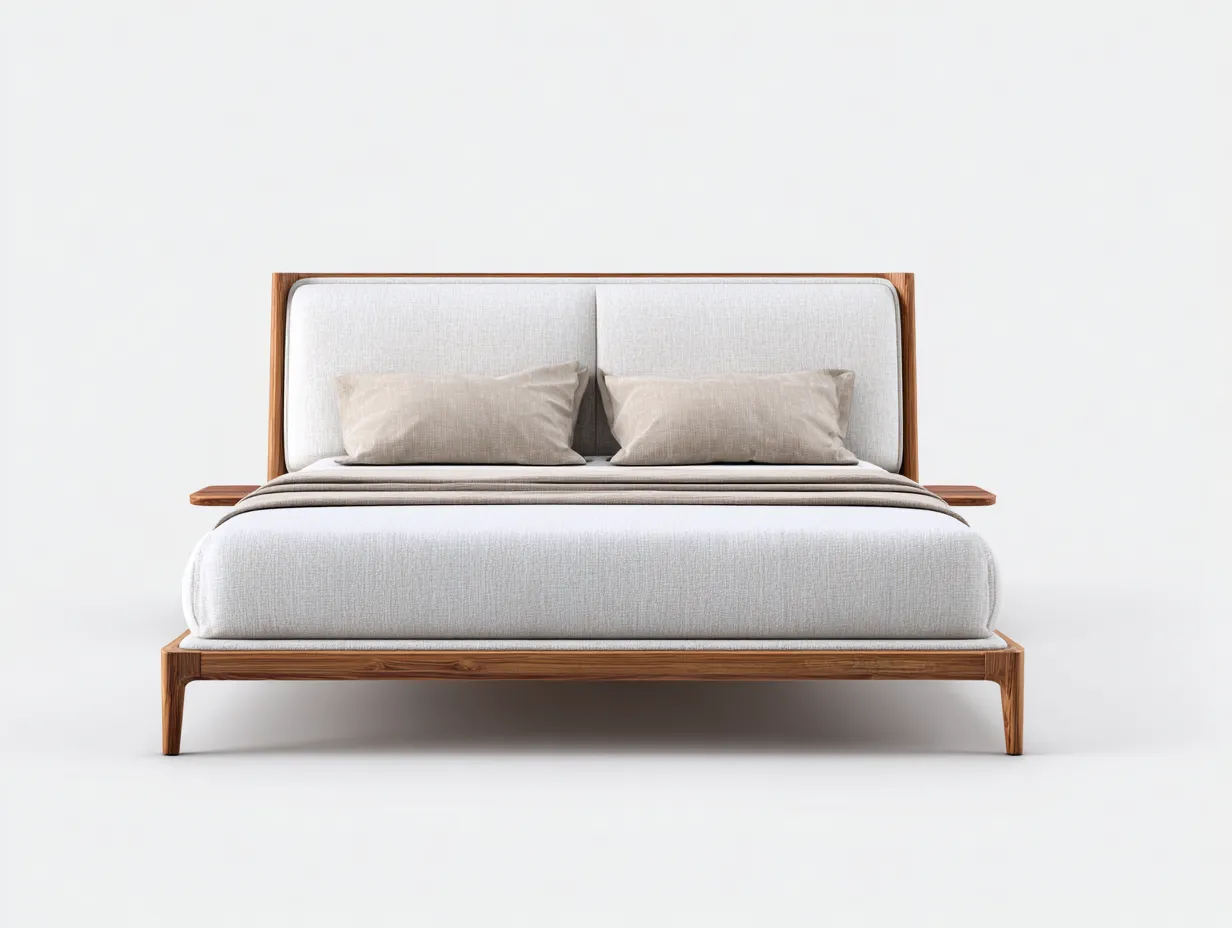 Doppelbett - Holz-Stoff - 216x193x100 cm - Naturholz-Beige - Modernes Design-Roomupbase