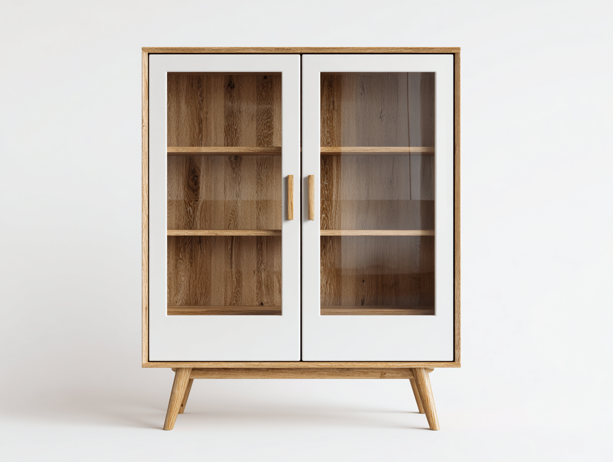 Vitrina de madera y vidrio 90x40x140 cm - Blanco-Madera - Diseño nórdico para salón-Loftupio