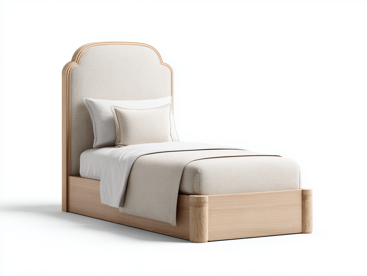 Cama individual tapizada con cabecero 210x100x120 cm - Beige-madera - Diseño clásico para dormitorio-Loftupio
