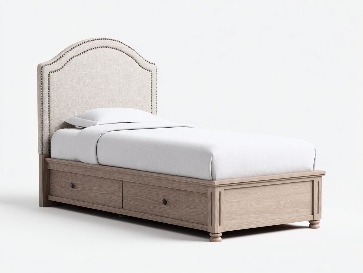 Cama individual tapizada 200x90x110cm - beige-marron - diseno clasico con cabecero acolchado-Loftupio