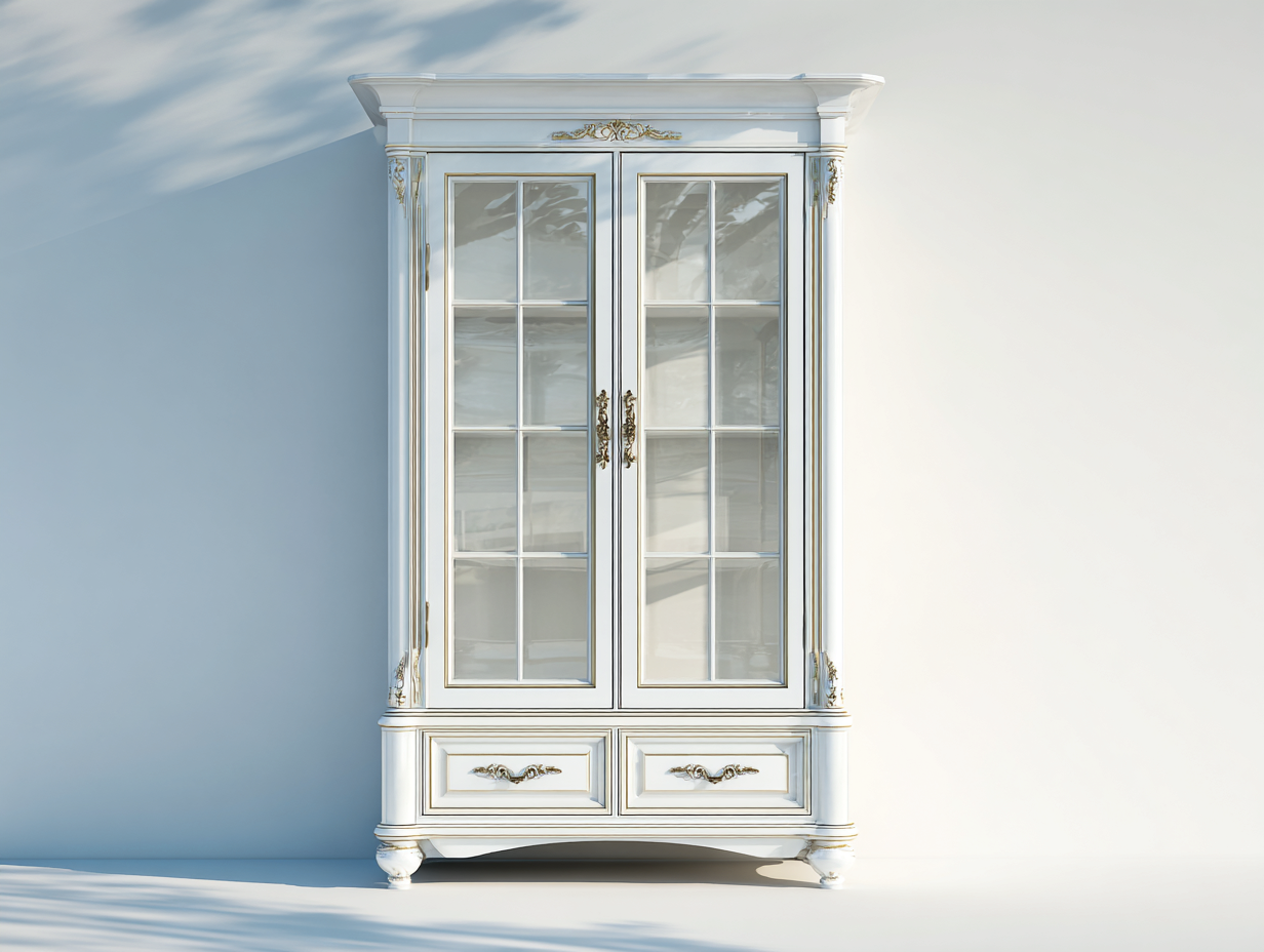 Vitrina 2 puertas 2 cajones 90x45x190 cm - Blanco-dorado - Estilo clásico-Loftupio