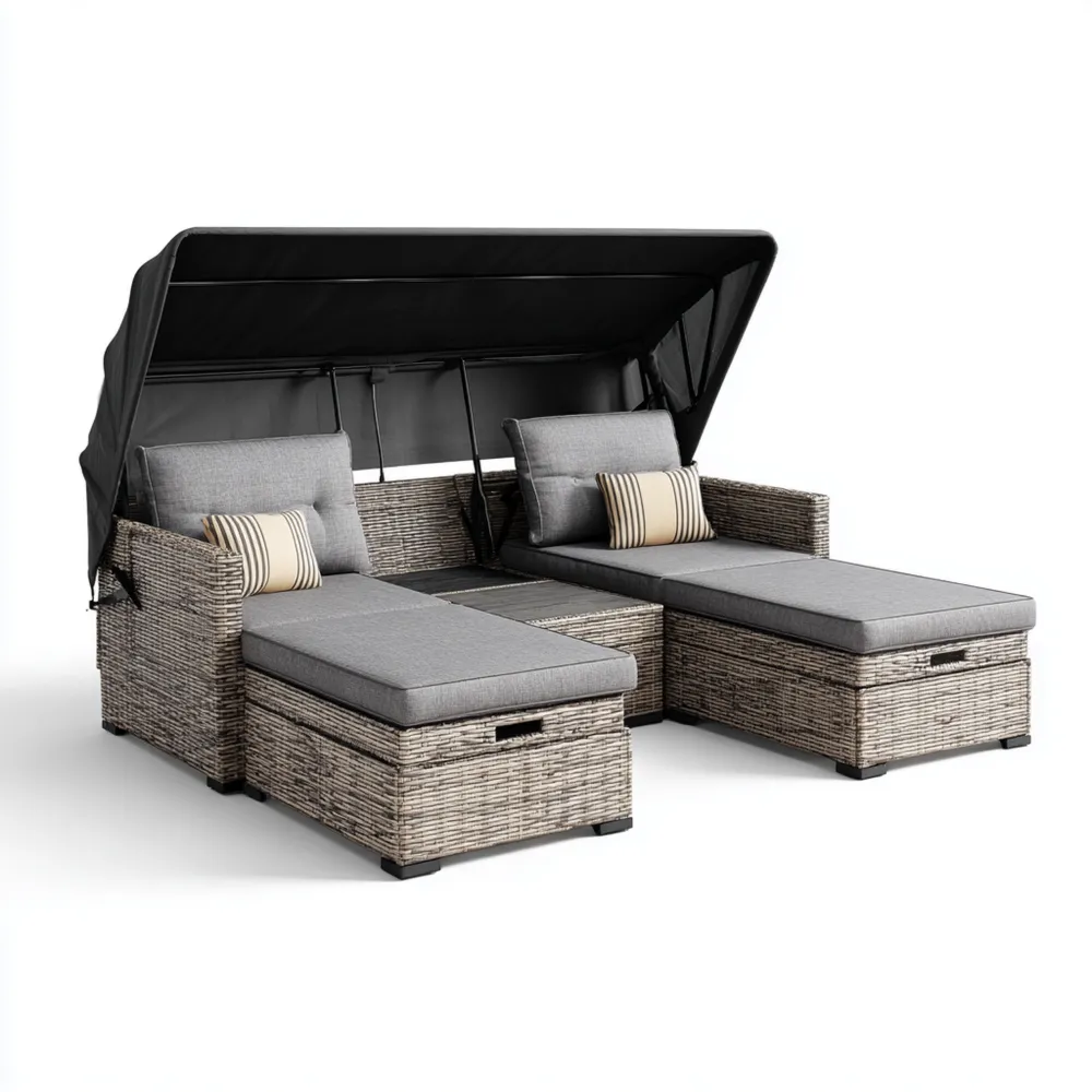 Gartenliege Rattan 210x140x150 cm – Grau – Verstellbares Sonnendach-Carveavero