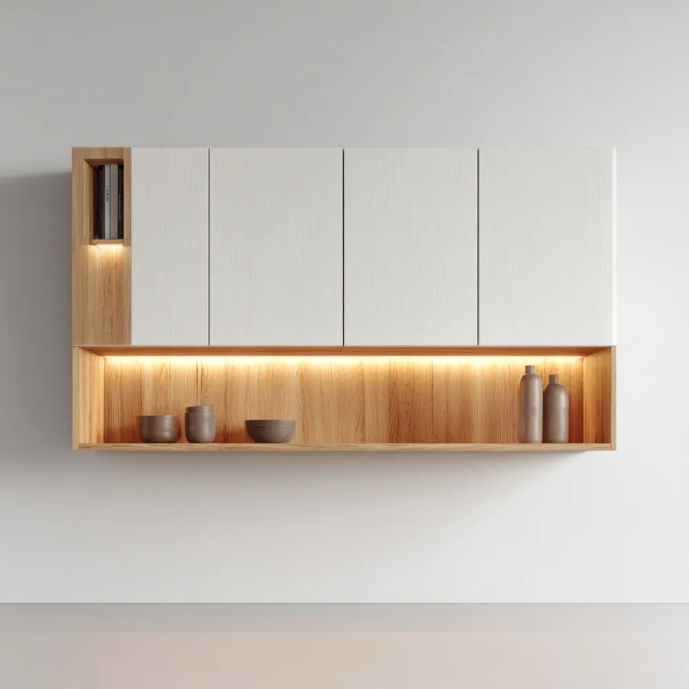 Moderner Wandschrank 100x25x50 cm – Weiß/Eiche mit LED-Beleuchtung-Carveavero