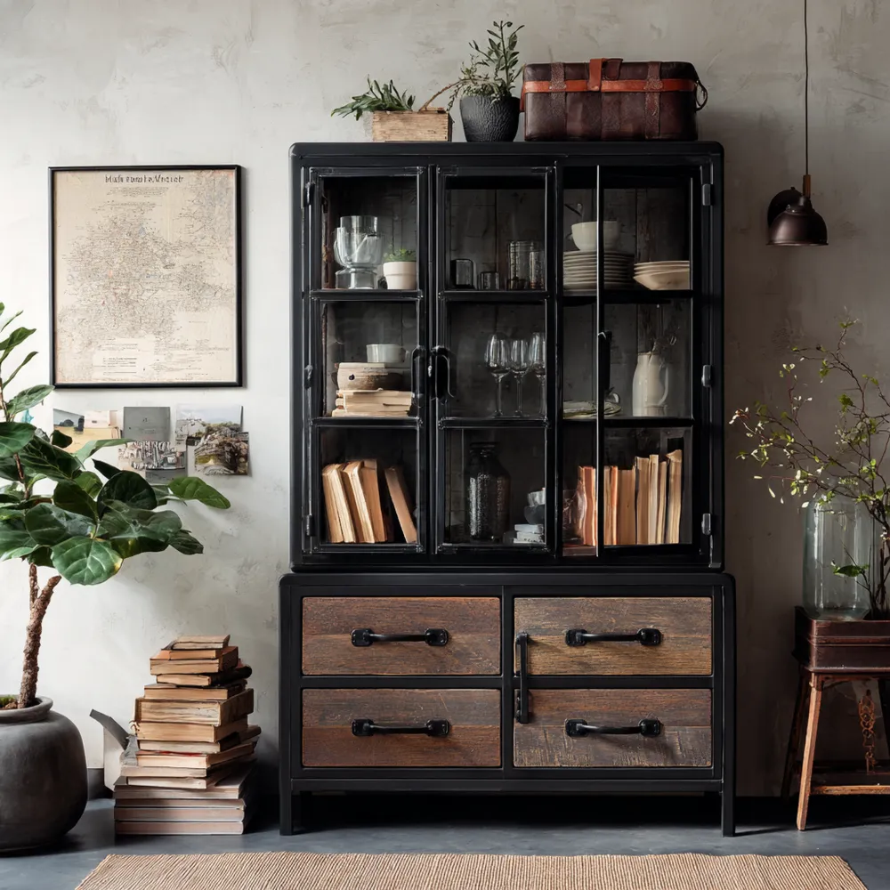 Vitrinenschrank Metall-Holz 120x180x40 cm - Schwarz/Braun - Industrieller Stil-Carveavero