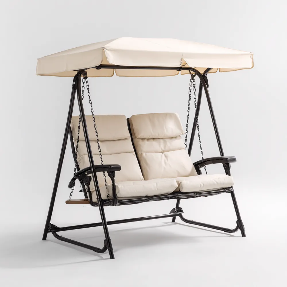 Gartenschaukel Metallrahmen 2-Sitzer 170x130x153 cm – Beige – Verstellbares Dach-Carveavero