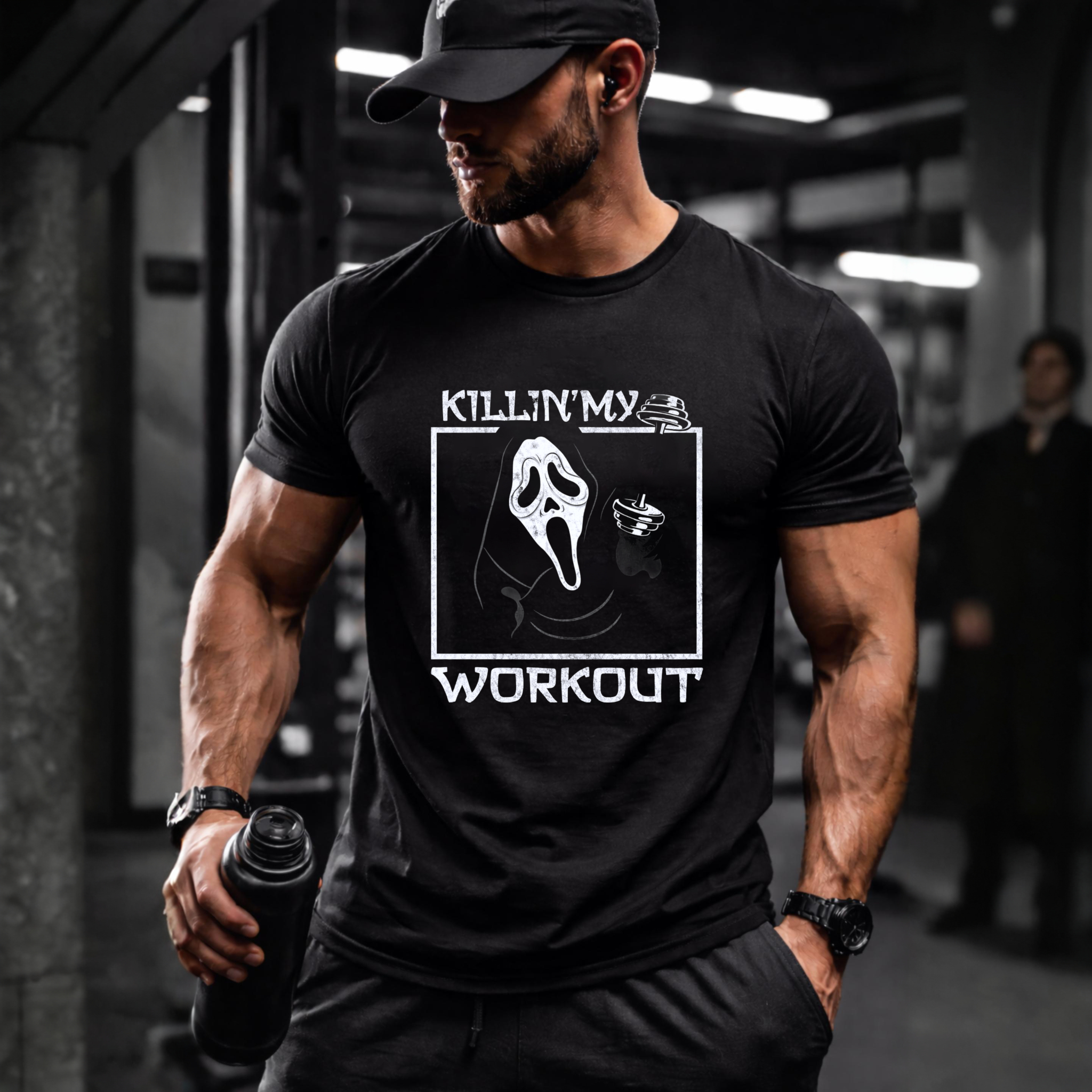 CLOTTYA Killin My Workout Scream Mask T-Shirt Horror Movie Inspired Black Graphic Tee