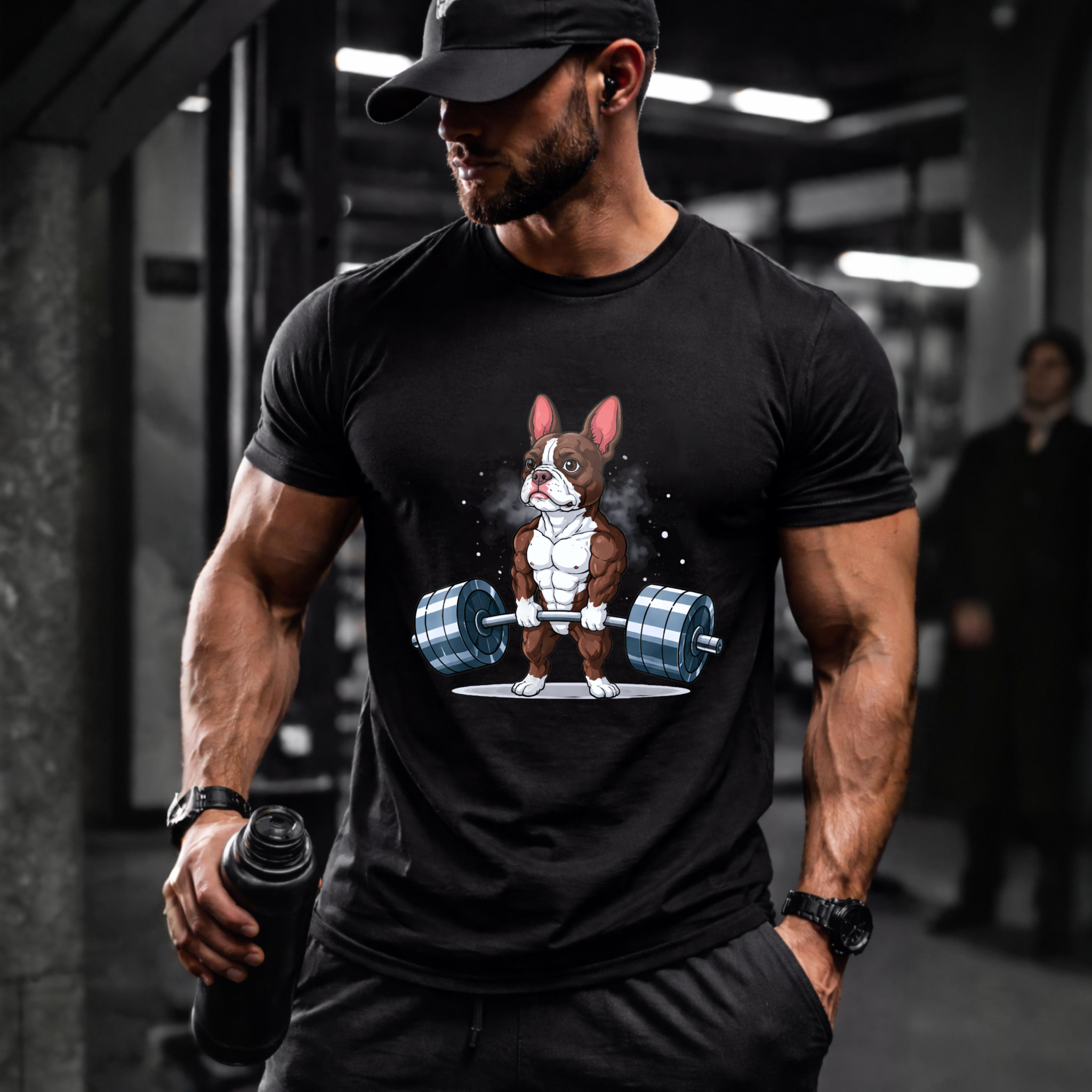 CLOTTYA Muscle Bulldog Lifting Barbell Gym Dog Fitness Cartoon T Shirt