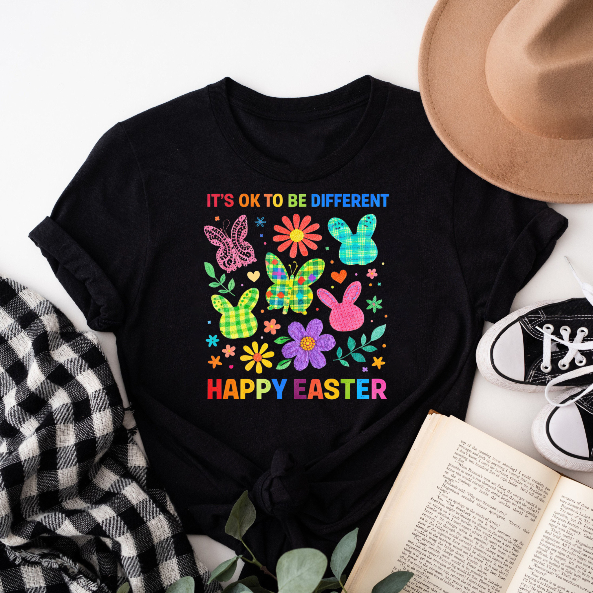 Clottya Colorful Easter Bunny And Flowers Pattern With Its Ok To Be Different Text T-shirt Spring Celebration