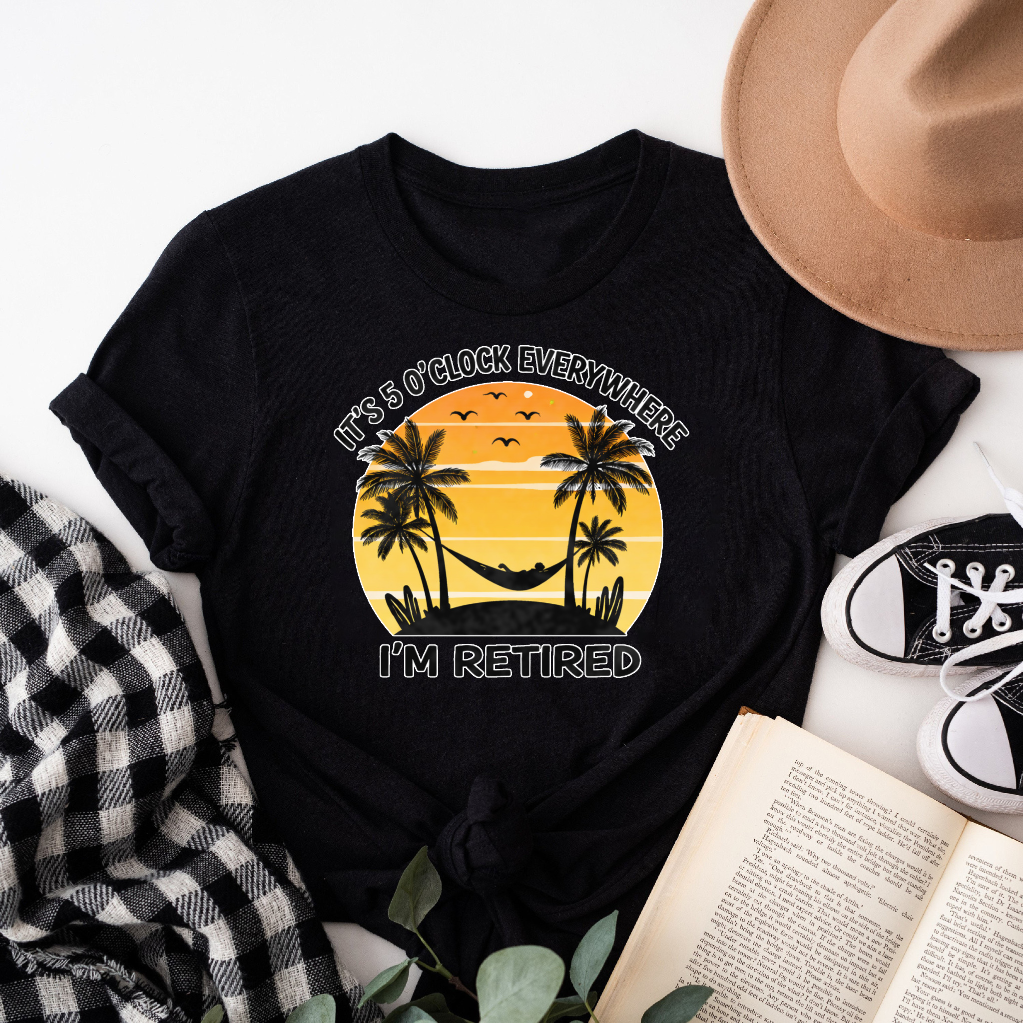 Clottya Sunset Palm Tree Hammock Scene With Text Its 5 Oclock Everywhere Im Retired T-shirt Summer Vacation Leisure Wear