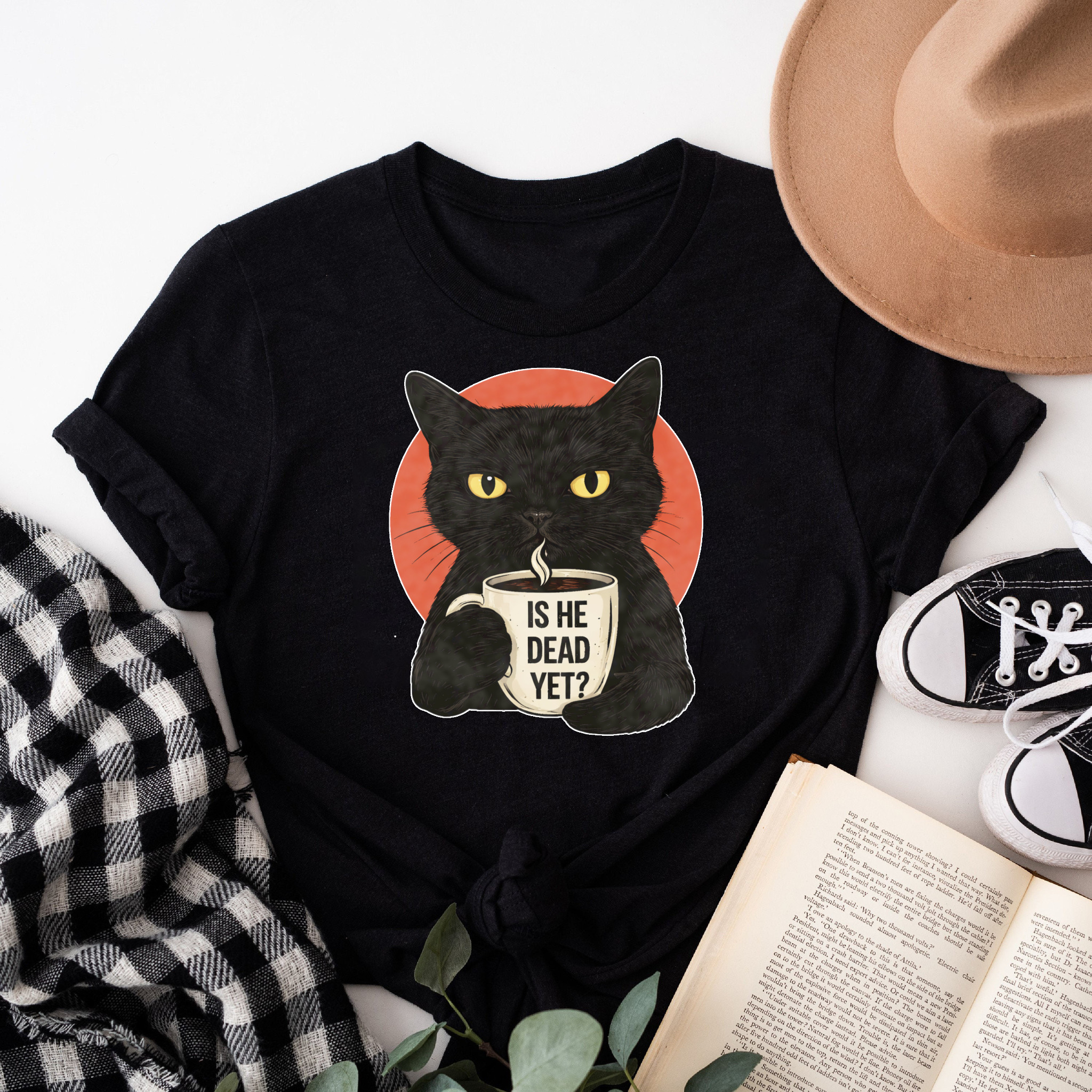 Clottya Black Cat Holding Coffee Cup With Text Is He Dead Yet T-shirt Autumn Winter Casual Wear