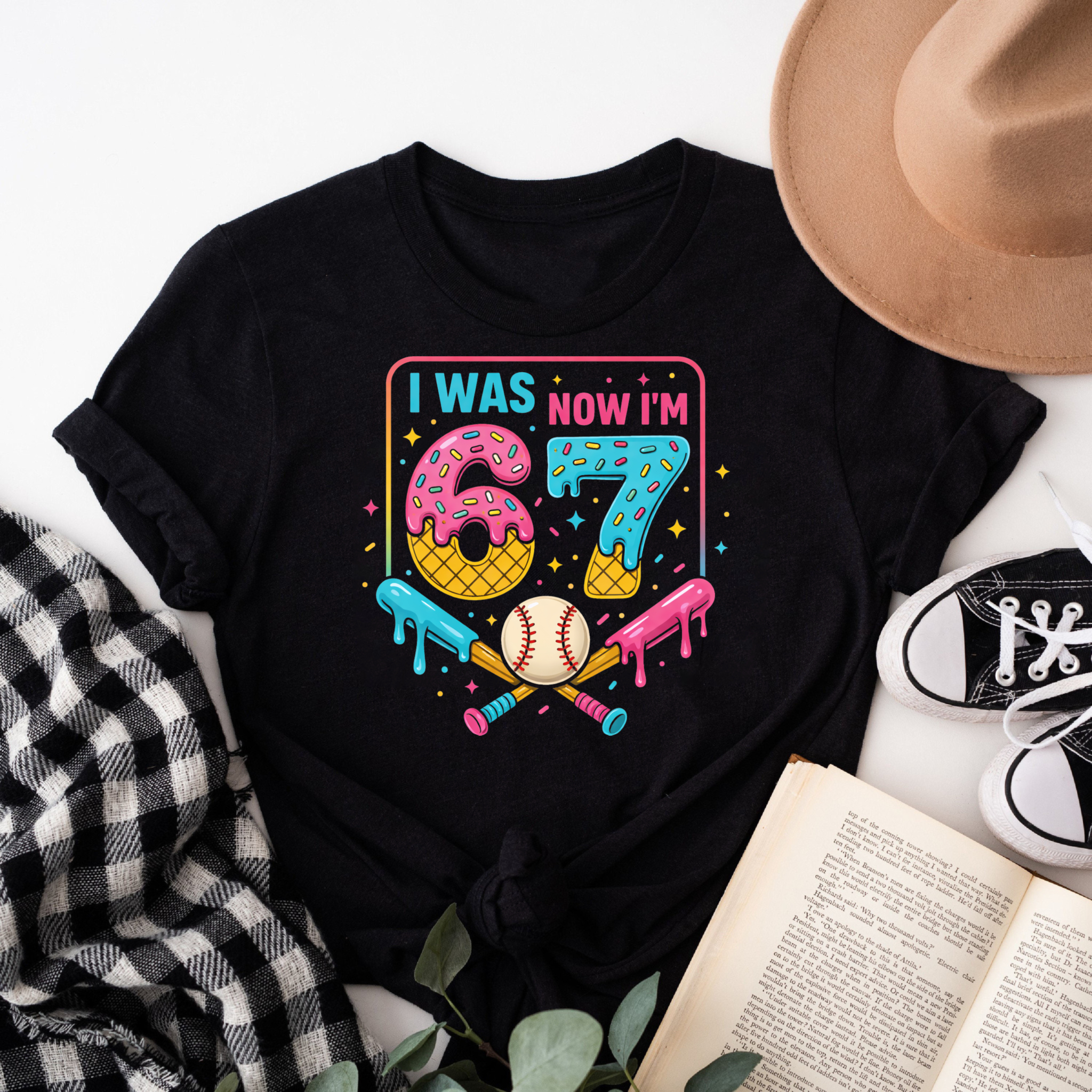 Clottya I Was 6 Now I'm 7 Donut Baseball Theme T-Shirt Birthday Celebration Summer