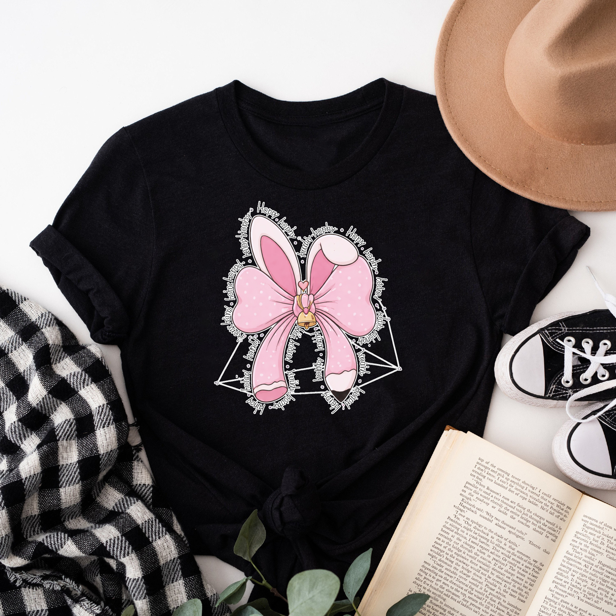 Clottya Bunny Ears With Pink Bow And Geometric Design T-shirt Spring Summer Casual Wear
