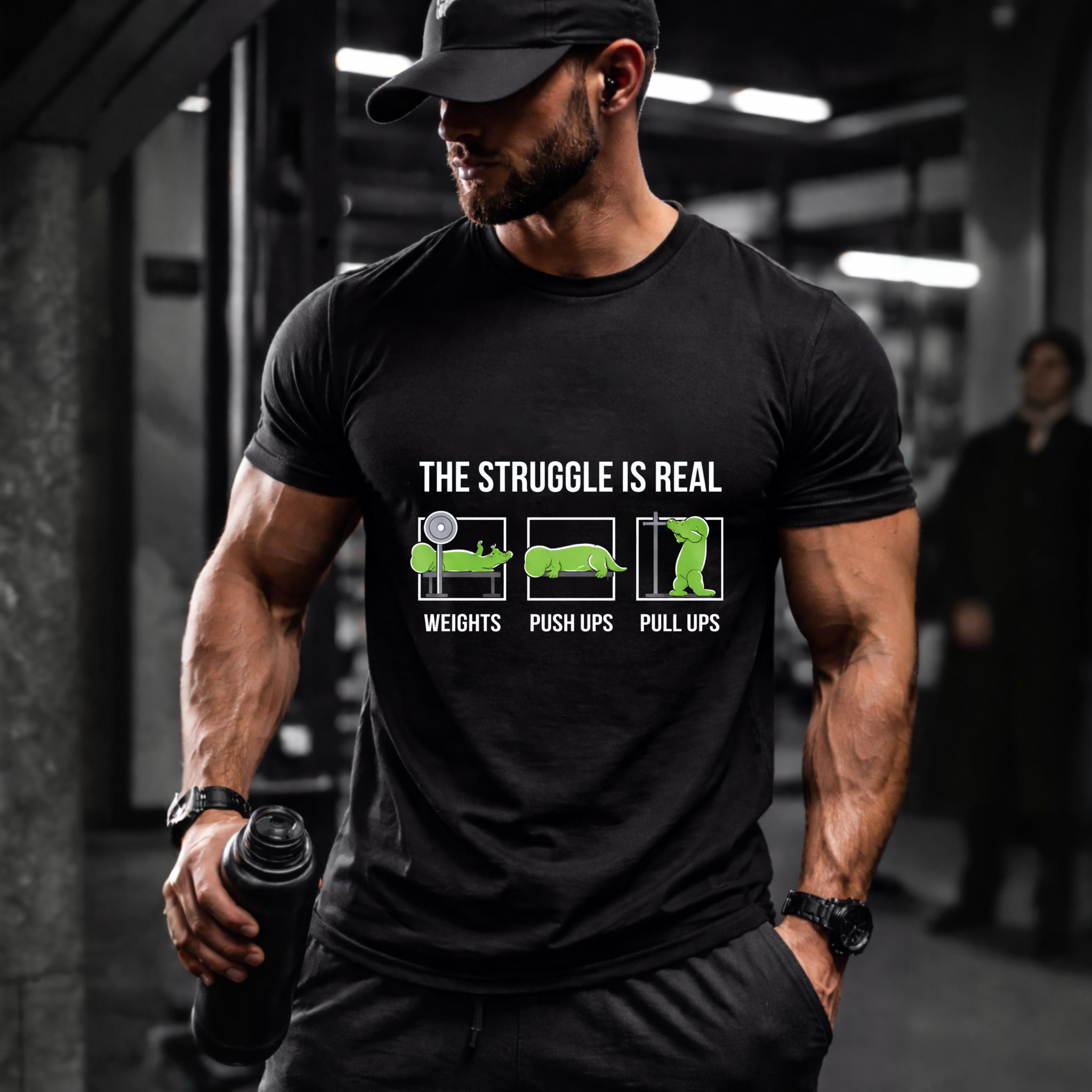 CLOTTYA The Struggle Is Real T Shirt With Crocodile Gym Workout Design Weights Push Ups Pull Ups Funny Fitness Humor Black Men Women Tee