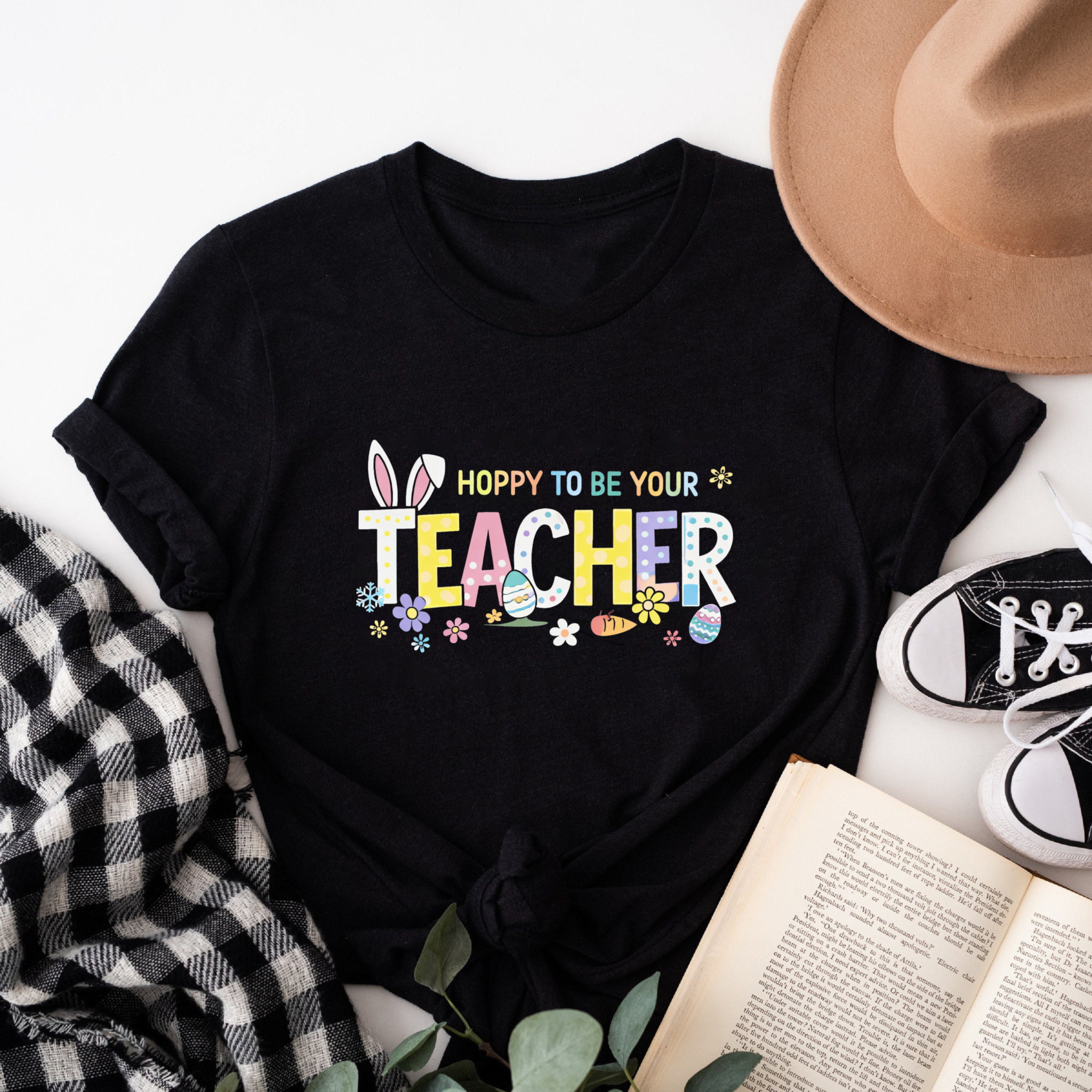 Clottya Easter Bunny And Eggs Pattern With Hoppy To Be Your Teacher Text T-shirt Spring And Easter Season