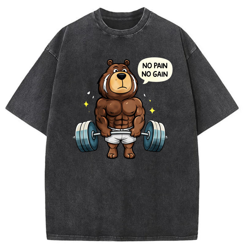 Clottya Unisex Washable T-shirt Bear Lifting Weight No Pain No Gain