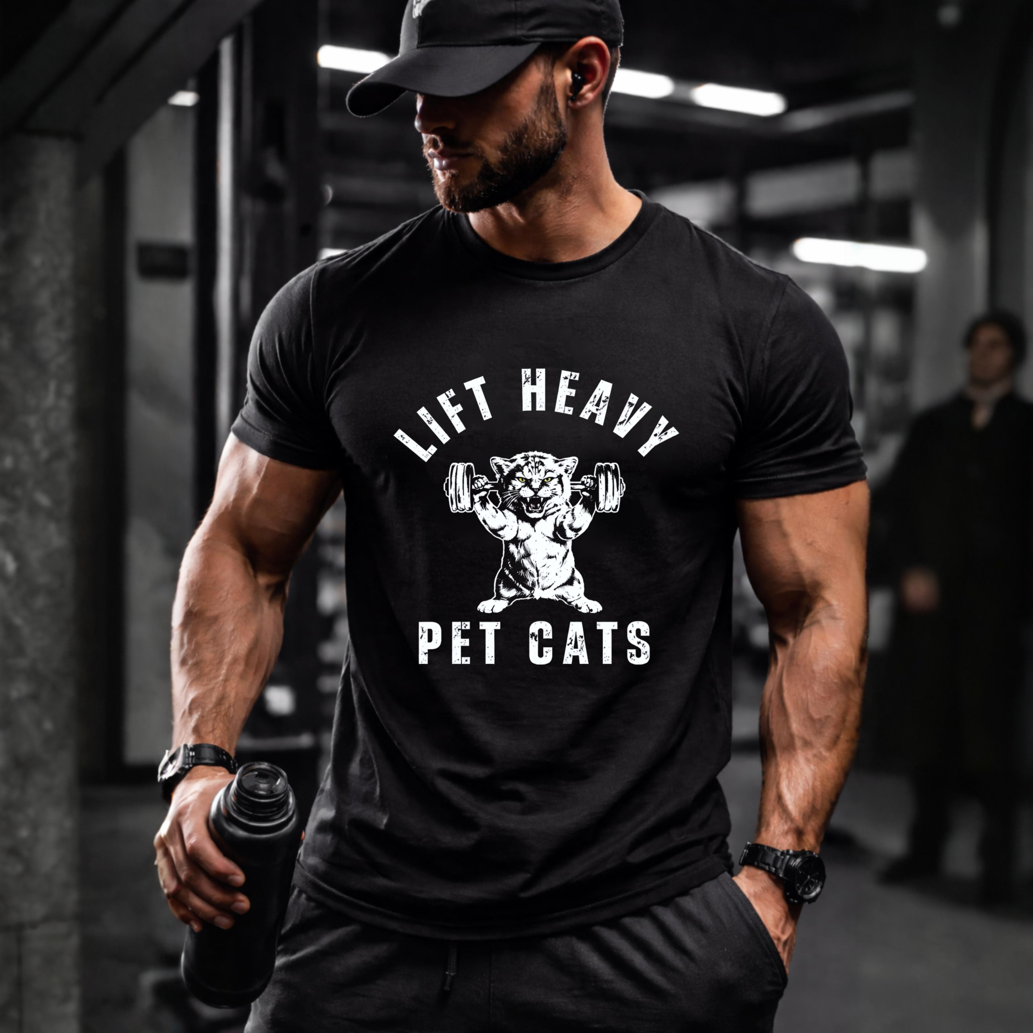 CLOTTYA Lift Heavy Pet Cats T Shirt For Men And Women Gym Motivation Funny Cat Lover Workout Apparel Black Cotton Tee