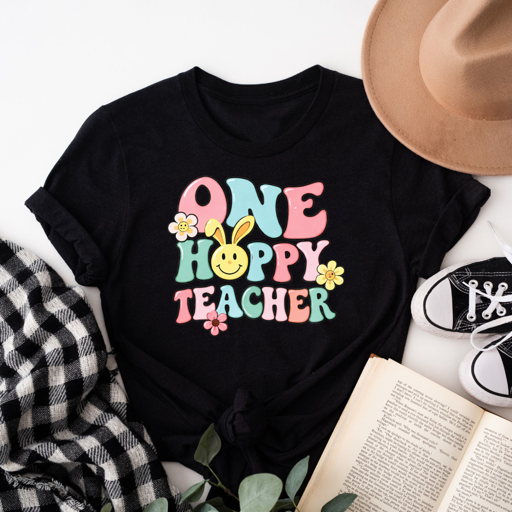 Clottya One Happy Teacher With Bunny And Flowers T-shirt Spring Summer Casual Wear