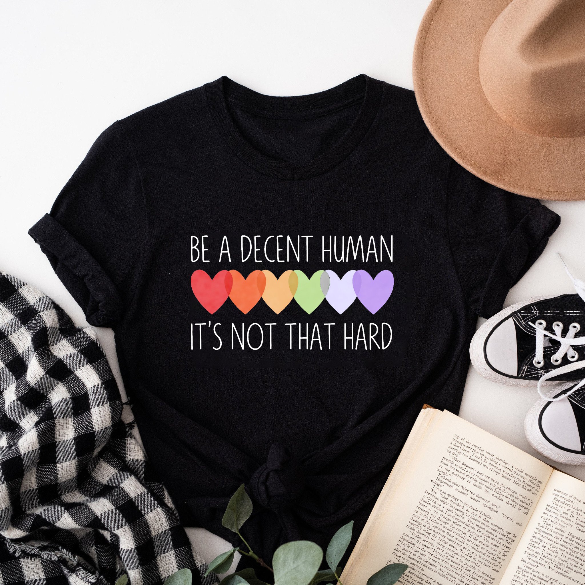 Clottya Be A Decent Human It's Not That Hard Rainbow Hearts T-shirt Casual Wear Summer Fall