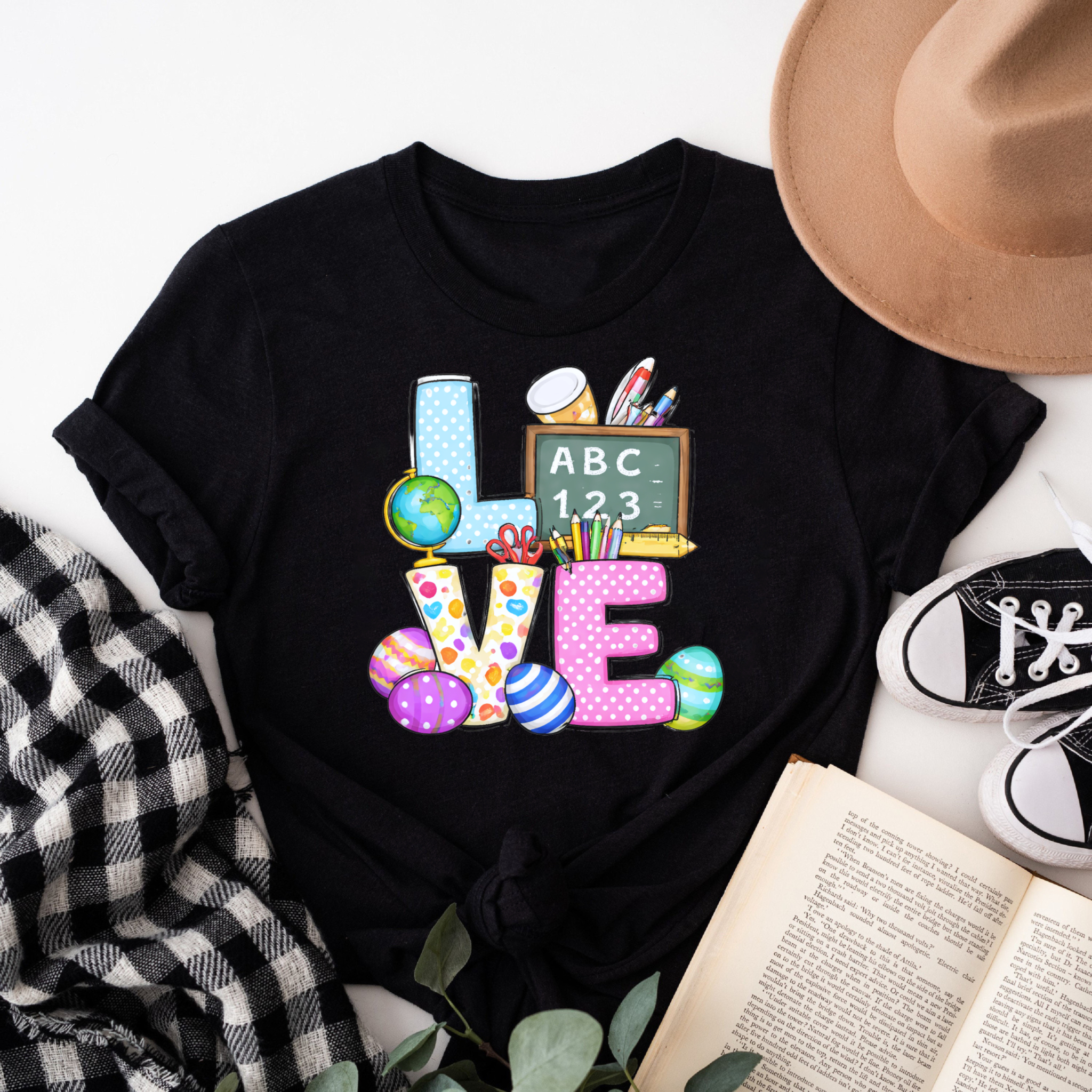 Clottya Love School Supplies Pattern T-shirt For Teachers And Students Spring Summer